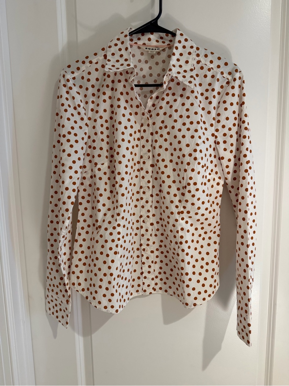 Boden White Button-Down Shirt with Brown Polka Dots